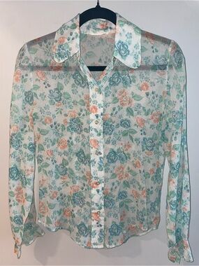 Vintage Sheer Floral Button-Up Blouse in Mint & Coral
